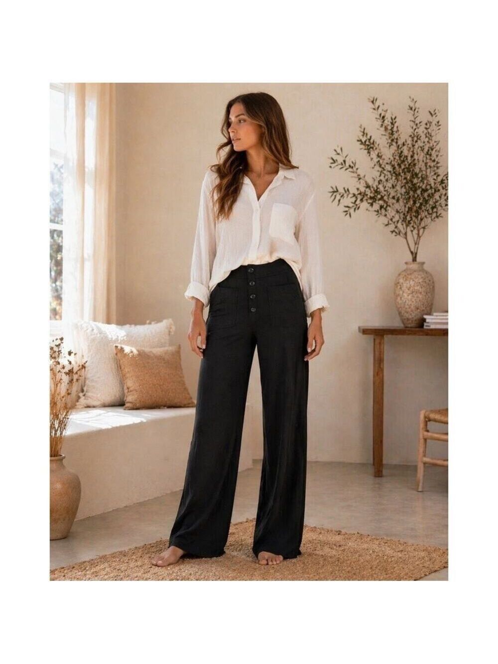 Halara Black High Waisted Wide Leg Button Fly Pocket Pants Womens L 31"x32"